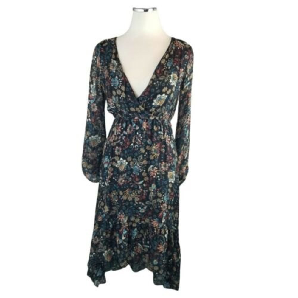 Elena Baldi Made in Italy Silk Blend Floral Hi Low Midi Dress Black NWT XS